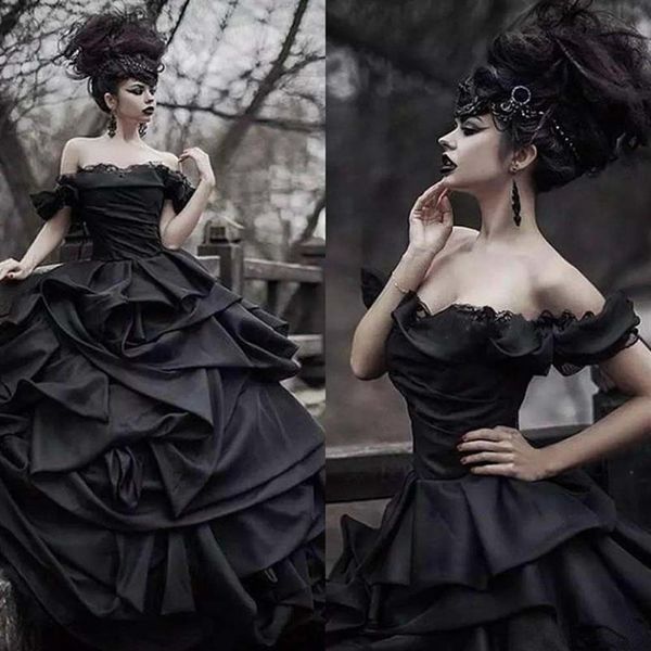Tradición Negro Vestidos de novia góticos Victorian Punk Ball Gown Vestidos de novia Fuera del hombro Tie Up Satin Princess Bride Gowns199e