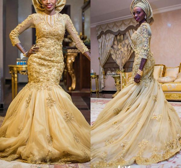 Vestidos de novia nigerianos con cuentas de oro tradicional vestido de novia 2022 apliques de encaje de sirena vestidos de novia africanos de manga larga