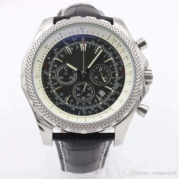 Montres pour hommes traditionnelles et classiques en plein air 49MM grand cadran noir montre à quartz chronographe montres-bracelets avec cuir noir St286O