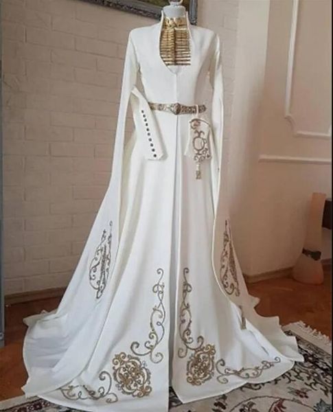 Robe de mariée traditionnelle caftan du caucase pour femmes, broderie dorée, col haut, manches longues, cape musulmane, 2024