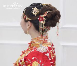 Traditionele Chinese bruid hoofdtooi Kostuum Hairclips Red Flower Hairpin Wedding Hairwear Pography Hair Stick Accessory7373968
