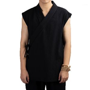 Vêtements chinois traditionnels 2019 Hanfu hommes lin coton sans manches veste hommes tang costume Kimono Cardigan mâle point ouvert Coat1