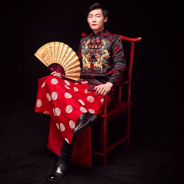 Vêtements ethniques traditionnels chinois pour hommes, veste, costume tang, cheongsam, robe masculine brodée de dragon Qipao, costume ancien, robe de film TV