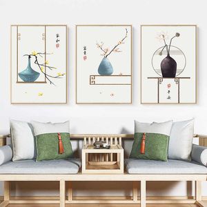 Póster de estilo chino tradicional florero cuadro sobre lienzo para pared estampado minimalista cuadros de pared para sala de estar decoración del hogar X0726