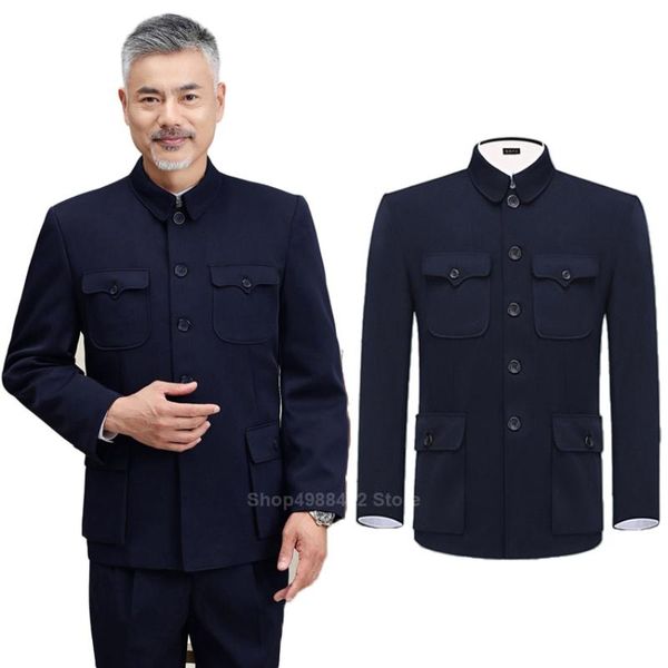 Costume traditionnel chinois Tang pour hommes veste manteau nouvel an printemps Festival tunique Zhongshan Mao costume Blazer tricot poches haut