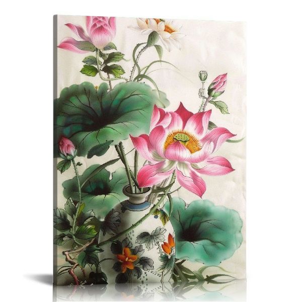 Aquarement chinois traditionnel peinture de Pink Lotus Canvas imprimés en bois à encadré Lotus Flower Wall Art Blossom Print pour décor de chambre à coucher