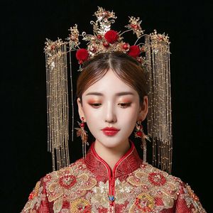 Traditionele Chinese Bruiloft Bruid Gouden Koningin Kroon Rode Hoofddeksels Vintage Bruiloft Tiara Hoofdtooi Bruids Haar Accessoires212E