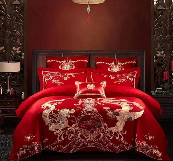 Sense de litière de mariage de mariage traditionnel chinois Coton 4 pièces King King Queen Size Double bonheur longfeng dragon phoenix13661284