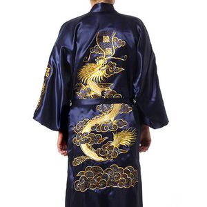 Traditionele Borduurwerk Draak Kimono Yukata Badjas Marineblauw Chinese Mannen Zijde Satijn Gewaad Casual Mannelijke Homewear Nachtjapon
