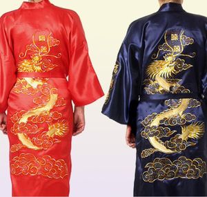 Broderie traditionnelle Dragon Kimono Yukata Robe de bain bleu marine chinois hommes soie Satin Robe décontracté mâle maison porter chemise de nuit 7973638
