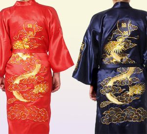 Broderie traditionnelle Dragon Kimono Yukata Robe de bain bleu marine chinois hommes soie Satin Robe décontracté mâle maison porter chemise de nuit2378586