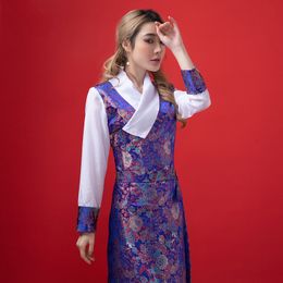 Traditionele etnische kleding voor vrouwen Tibetaanse cheongsam gewaad zijde geborduurde qipao jurk lente herfst oosterse kostuum