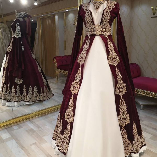 Caftan traditionnel Istanbul robes de soirée formelles turques bordeaux et blanc longueur de plancher taille empire manches longues velours femmes robes de soirée de bal pour les femmes