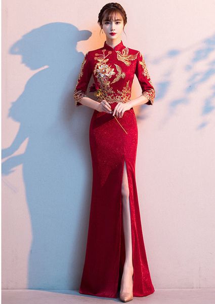 Robe de mariée traditionnelle chinoise rouge, style sirène, manches longues, Cheongsam doré, robe chinoise Qipao, robe de soirée de mariée