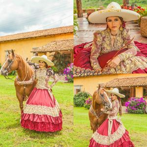 Traditionele Rode Mexicaanse Quinceanera Jurken V-hals Geborduurd Kant Lange Mouwen Gala Assepoester Prinses Cowgirl Sweet 16 Birthday2323