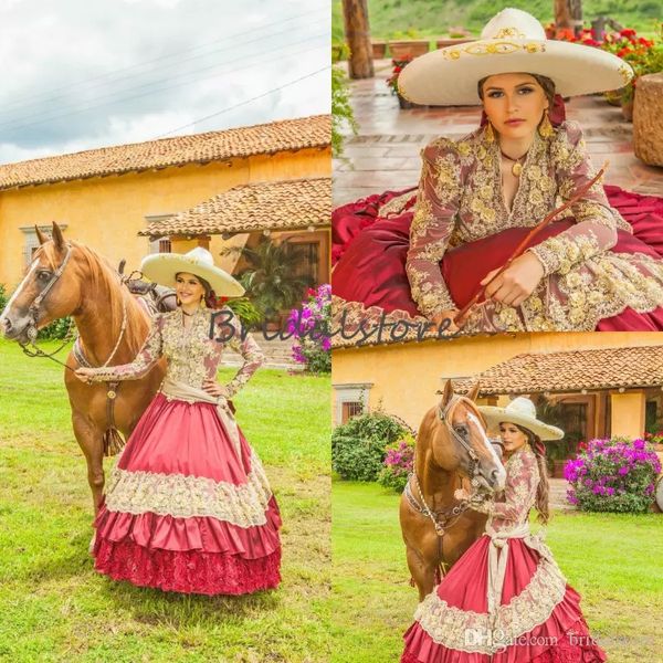 Vestidos de quinceañera mexicanos rojos tradicionales con cuello en V bordado de encaje de manga larga de baile Cenicienta princesa vaquera dulce 16 vestido de cumpleaños