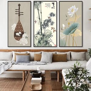 Traditionele retro Chinese stijl Lotus Peony Letter Canvas schilderen Poster Afdruk Wall Art Picture Living Room Home Decor Cuadros