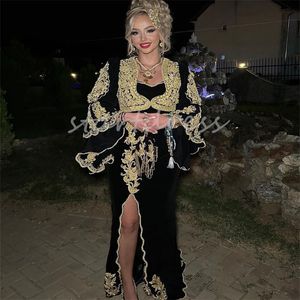 Traditionele Tunesische Algerijnse Karakou-avondjurk 2024 Zwart Goud Marokkaanse Kimono-galajurk met split Lange mouwen Formele feestjurken Marocain-vestidos de Festa