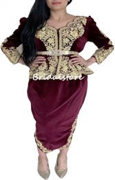 Traditionele wijn Algerije Karakou Avondjurk 2022 V-hals Lange Mouw Korte Arabische Caftan Prom Jurken Gouden Kant Bruid Draagt ​​Formele Party Speciale Gelegenheid Rok