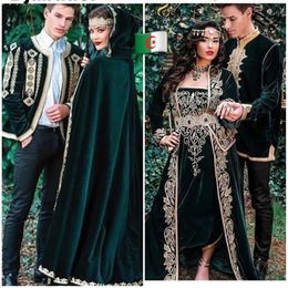 Tradities Algerijnse Karakou Avondjurken met lange overskirt Hunter Green Velvet Gold Lace Applique Caftan Prom jurk