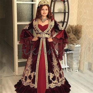 Traditionele Kaftan Abaya Avondjurk Burgundy Marokkaanse Pofmouwen Fluweel Parel Kraal Kant Moslim Galajurk Turish Israël Luxe Formele Feestjurken Verloving 2024