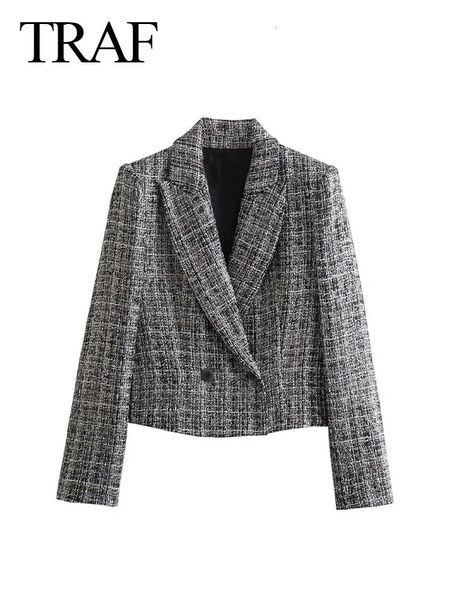 TRAF 2023 femme Chic Blazer manteaux Plaid col rabattu manches longues Double boutonnage femme s mode automne mince 231220