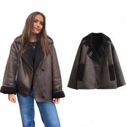 TRAF 2023 Mujer chaquetas de cuero de imitación gruesa para mujeres Outumn Winter Warm Wool Blends Coats Demi-Seas Plush Jacket Outerwear G28E#