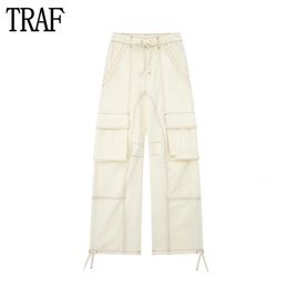 Traf 2024 Pantalon cargo pour femmes Pantalons de jambe large beige Femmes Summer High Woman Femme Pantalon Holiday Casual Baggy Pantal