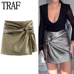 TRAF 2024 KNOOT MINI ROUG SHORTS VROUW GOUD Dames Skort geplooide hoge taille Korte rokken voor vrouwen chic en elegant 231222