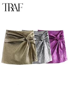 Traf 2024 Knot Mini jupe short femme Gold Womens Skort plissée haute taille jupe courte pour femmes chic et élégante jupe femme 240522
