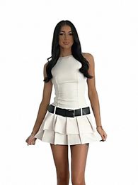 Traf 2024 Nouvelle Femme Blanc Solide Taille Haute Dos Zipper Jupes Plissées Femmes O Cou Manches Sexy Avec Ceinture Slim Mini Dr I8tM #