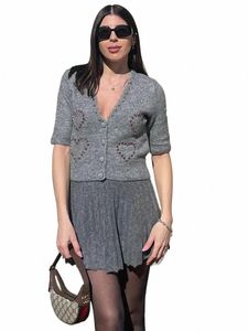 Traf 2024 Primavera Mujer Sólido Gris Suéter Causal Recortado Manga Corta Con Cuello En V Corazón Joyería Con Incrustaciones De Punto Cardigan Elegante Top G4Ro #