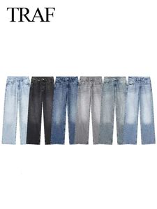 TRAF 2024 Women Fashion Blue Denim Jeans Solid Long Pants Vrouw veelzijdig met metalen rits rechte baggy broek streetwear 240420