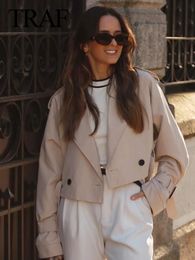 TRAF automne mode femmes kaki recadrée manteau Vintage solide à manches longues manteaux Chic hauts femme vêtements de sport Streetwear 240122