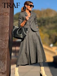 TRAF automne femmes mode costumes tendance solide col en V texturé mince Blazer avec plis trajet bureau dame femme jupe 24030