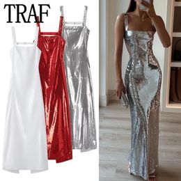 Traf Backless Sequin Robe femme argent rouge blanc glisser longue dres paillettes sexy robes de fête midi soirée 240401