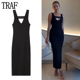 Traf zwarte slip midi jurk vrouw bodycon gebreide jurken voor vrouwen strand achterloze vrouwelijke jurk sexy zomer jurk vrouwen 240411