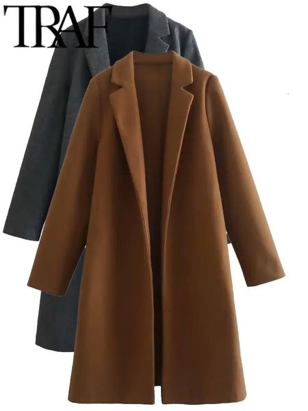 TRAF Camel couleur automne femmes pardessus à manches longues veste ample Vintage Trench manteau vêtements d'extérieur pour femmes chaud Y2K vieux argent Style 240106