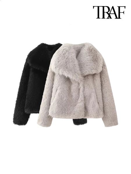 TRAF-veste courte en fausse fourrure pour femmes, manteau épais et chaud, manches longues, boutons-pression, vêtements de dessus chics, hauts à la mode, 240125