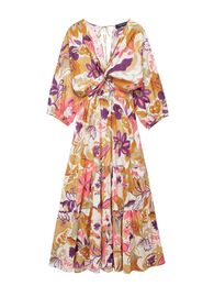TRAF Elegante vrouwen gedrukt Midcalf Dress Spring Ladies Hollow Out Party Vintage Half Sleeve Beach Style 240412