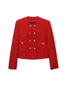 TRAF – veste élégante en Tweed pour femme, manches de poignet, boutons métalliques, Blazer, Cardigan, haut court, manteau court, Y2K, 240202
