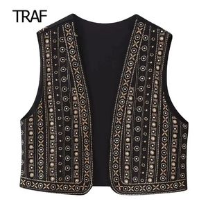 TRAF Geborduurd Cropped Vest Vrouwen Vesten Herfst Strass Mouwloze Vneck Korea Stijl Top Luxe Designer 231229