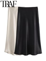 TRAF FANS Y2K décontracté femmes Maxi Jupe longue printemps élastique taille haute ALine femme Satin jupes Jupe Beige 240112