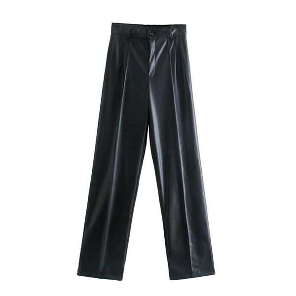 TRAF Faux cuir pantalon Za pantalon noir femmes taille haute femme pantalon automne mode Streetwear jambe large pantalon pantalon ample 211216