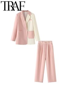 TRAF GAL printemps élégant Patchwork femmes rose lâche Blazer costumes à manches longues bureau veste femme pantalons larges ensembles Y2K 240327