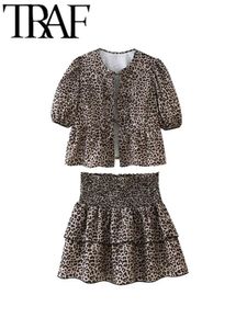 Traf gal zomer dames luipaard print korte blouse pakken booggebonden puff mouw shirt vrouwelijk crop top mini rok sets y2k 240426