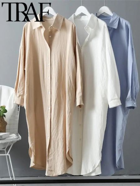Traf Gal White Shirt Robe for Femmes surdimensionné en lin décontracté coton Loose Lady à manches longues Blouse Midi 240403