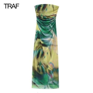 Traf Green Mesh Corset Dress Summer Damesjurken Bodycon Backless Dress Print Midi Ruched Off Shoulder Female Dress 240412
