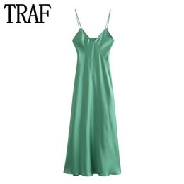 TRAF vert robe en Satin femme dos nu Slip longue robe sans manches Sexy Gala robes de soirée été élégant fête 240326