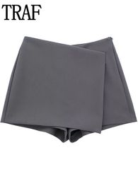 TRAF gris jupe Shorts taille haute portefeuille jupes courtes femmes Y2K Streetwear asymétrique Skort printemps mode pantalons décontractés 240112